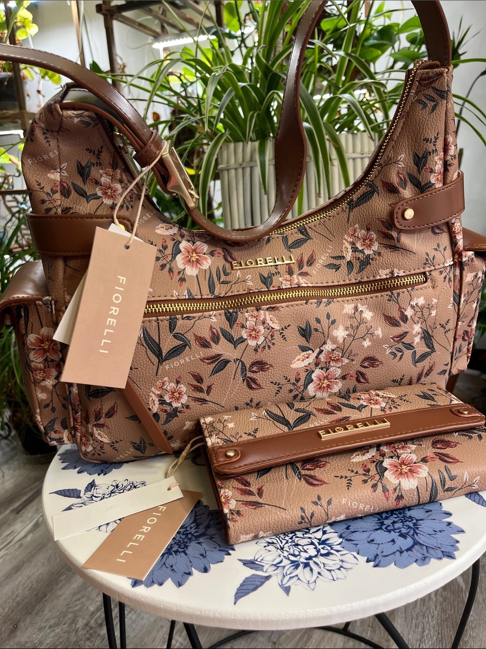 Floral Pink Shoulder Bag with Matching Wallet